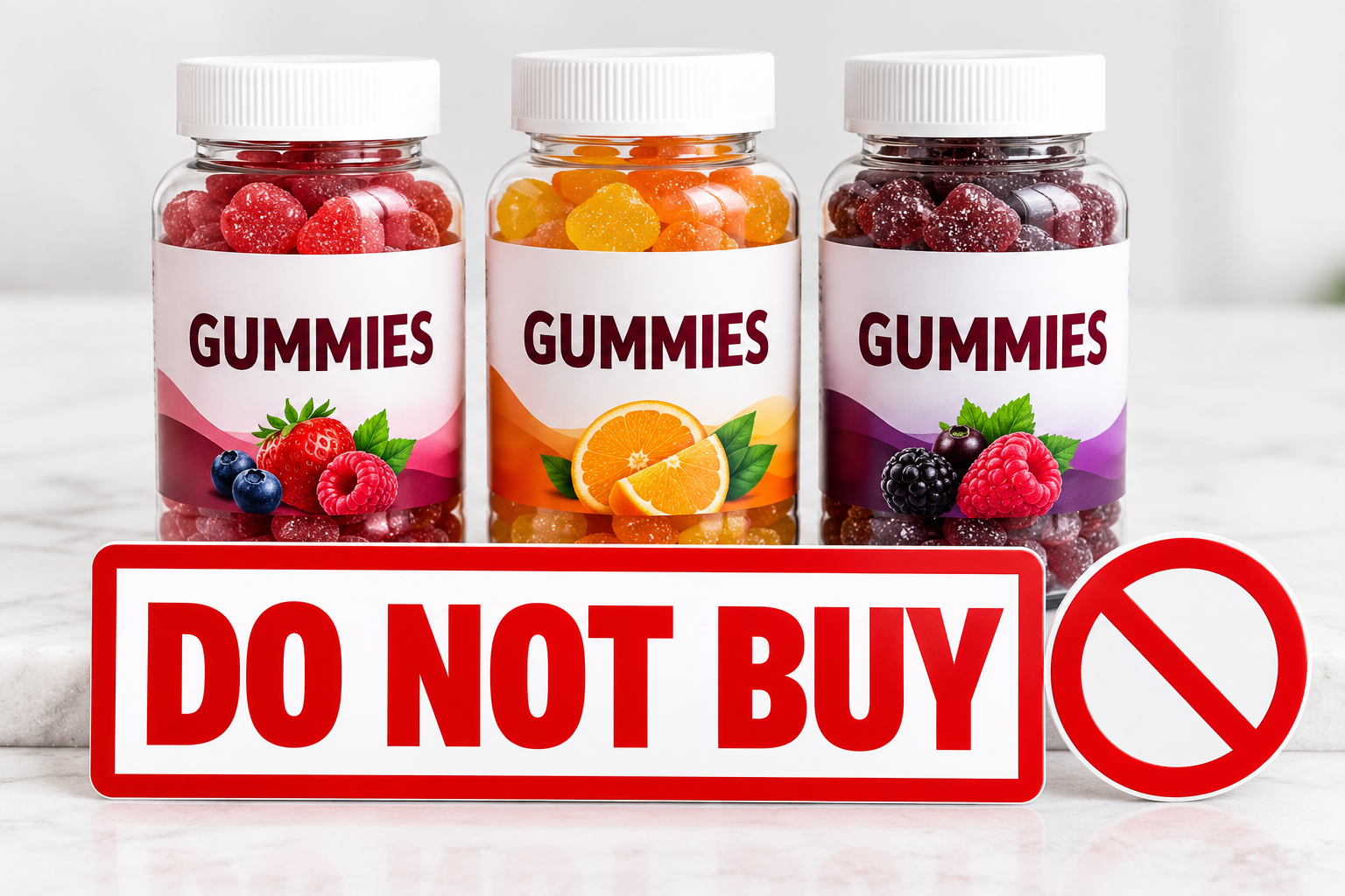 Generic gummy supplement bottles with a Do Not Buy warning